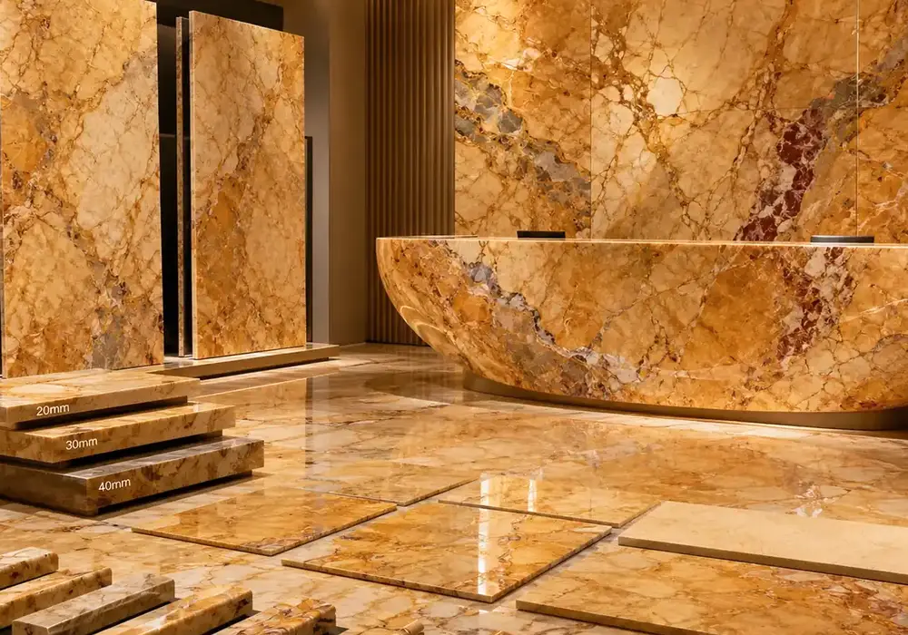 sophisticated golden feature stone across wall cladding, flooring and a stone countertop, with authentic slab variation.