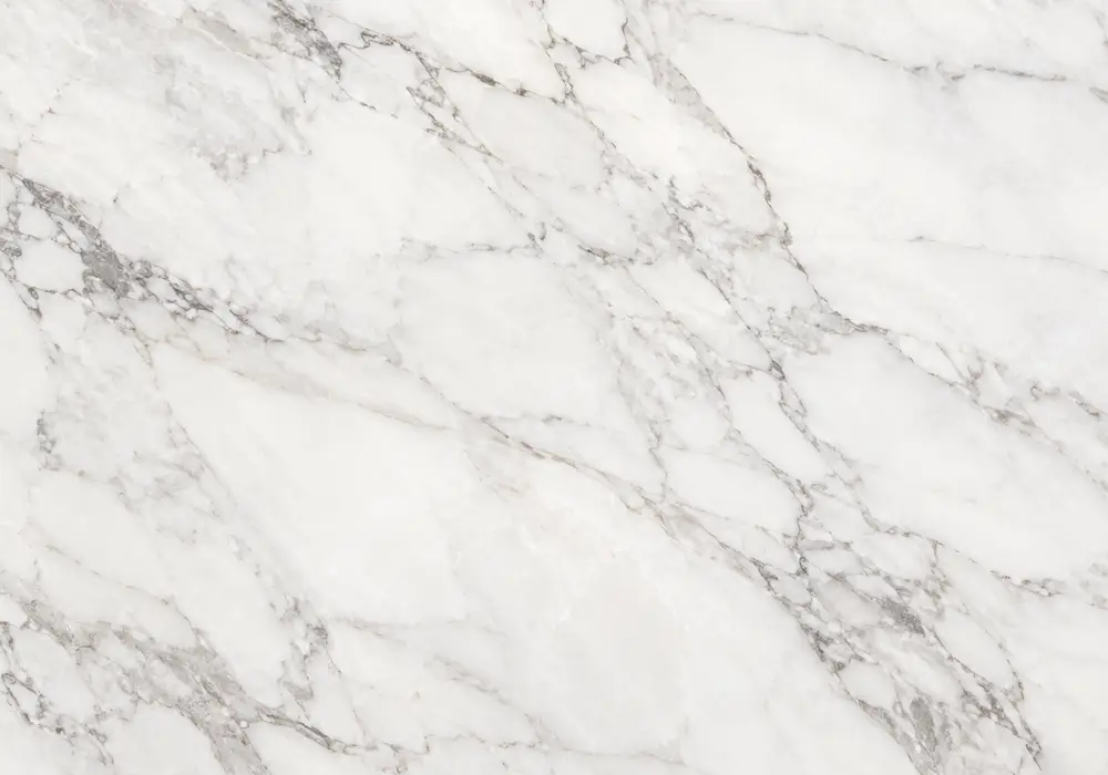 Statuarietto vs Statuario on vanity and shower surfaces, comparing fine silver veining with broader spaced grey movement.