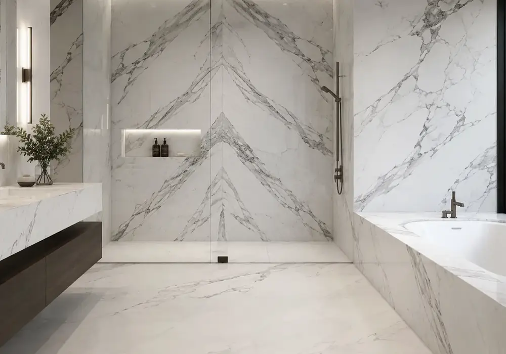 graceful white feature stone across wall cladding, large-format flooring and a countertop, with authentic slab variation.