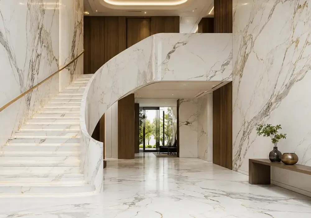 graceful feature stone featured across a feature wall, flooring and a sculptural countertop, with authentic slab variation.