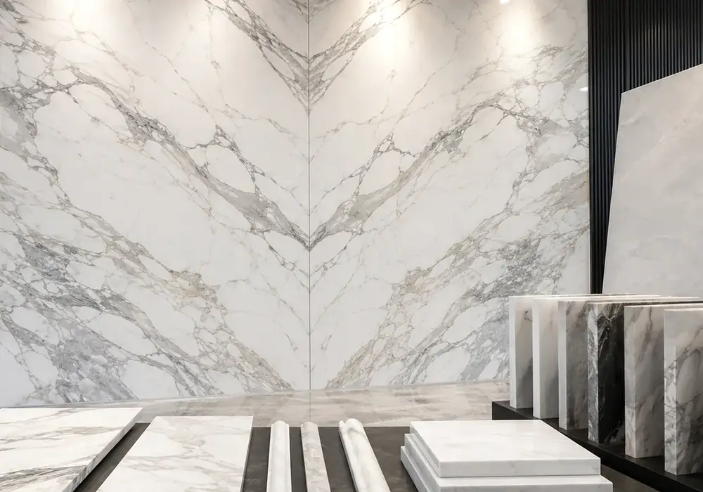 calacatta lincoln marble view with white and grey, branching veins and fine linear detail, with clear geological character.