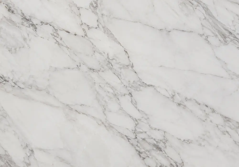 Statuario bathroom with polished vanity, bookmatched shower wall and honed floor, showing broad grey veins on white stone.