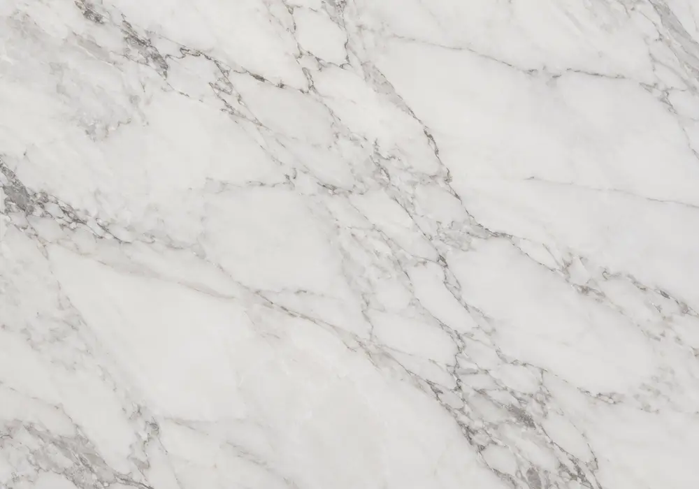 Staturio marble foyer wall display with luminous white stone and bold silver-grey to charcoal veining.