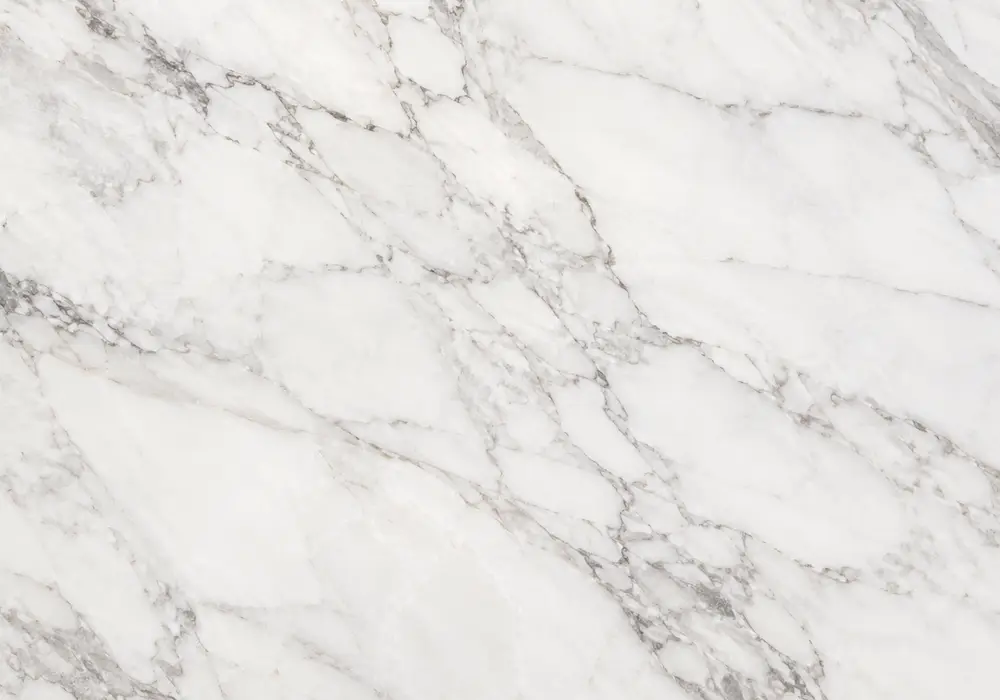 Super White marble bookmatched feature wall with pale silver-grey stone and bold charcoal, grey and taupe movement.