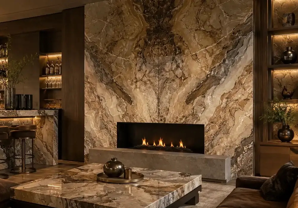 exotic brown marble on bar, fireplace, vanity and table with bookmatched taupe-cocoa stone and irregular mineral ribbons.