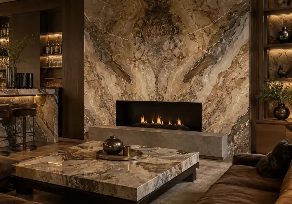 Terre Di Bolgheri marble fireplace surround with warm cocoa, taupe and coffee stone and dense natural patterning.