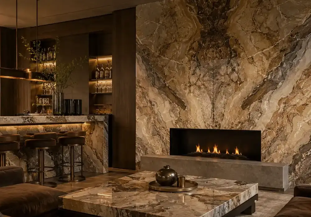 brown camouflage marble featured in a sophisticated lounge, showing realistic stone depth and refined architectural detail.