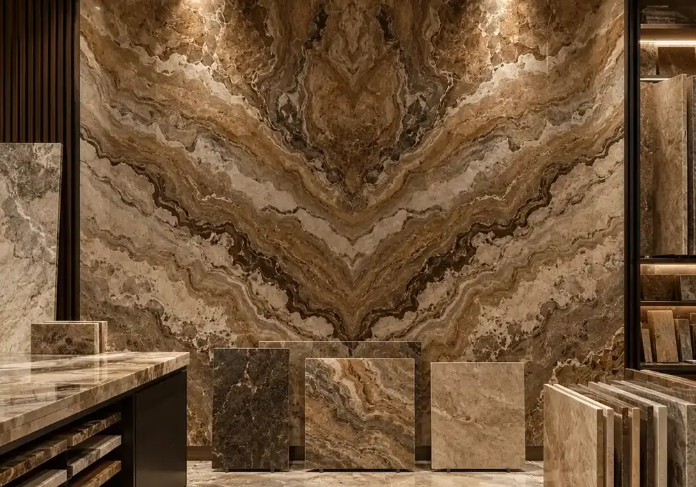 refined natural feature stone across wall cladding, large-format flooring and a countertop, with authentic slab variation.