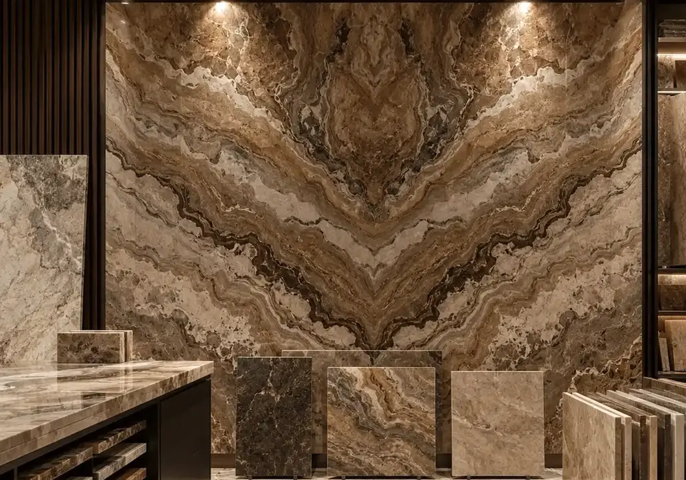 Stone detail for Camouflage marble, combining cream and brown, sweeping ribbons and natural veining, plus fine mineral depth.