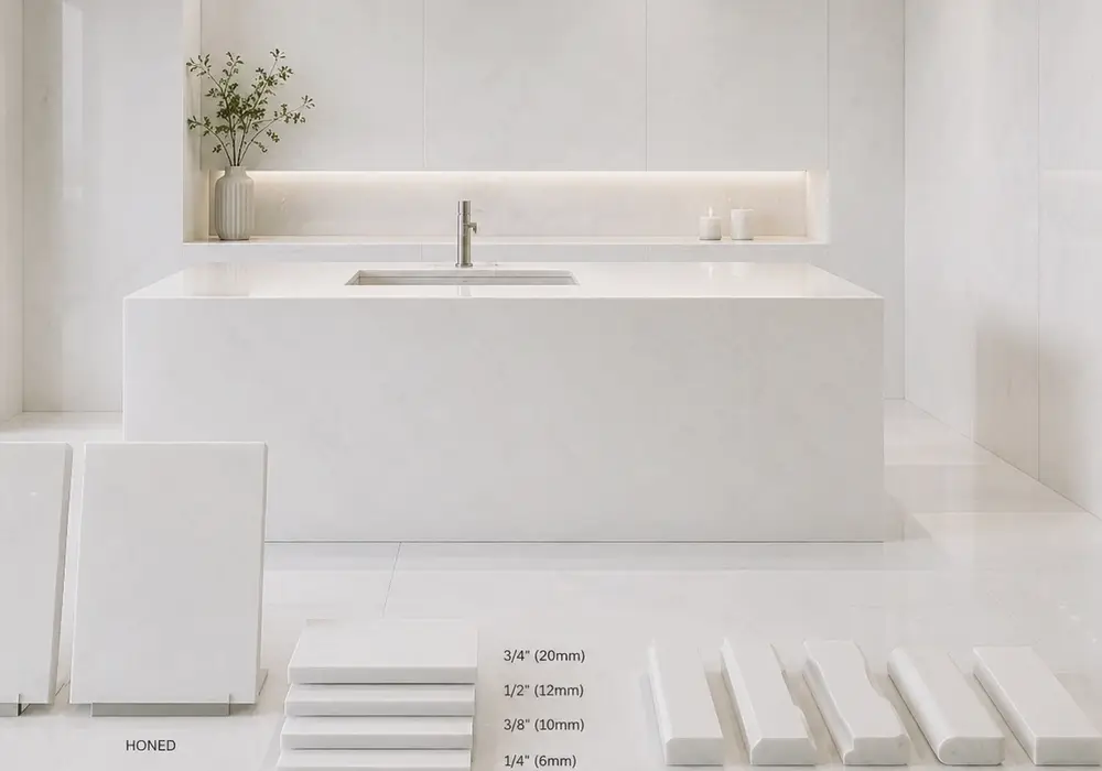 sophisticated bright decorative material used across terrace flooring and a stone countertop, with authentic slab variation.
