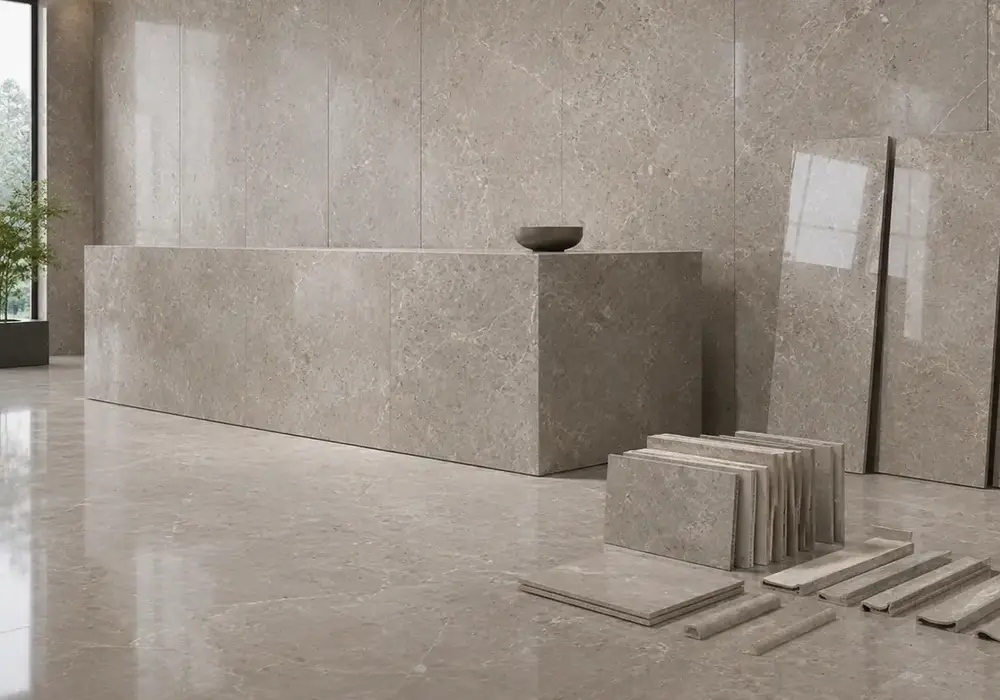 sophisticated grey feature stone across wall cladding, large-format flooring and a countertop, with authentic slab variation.