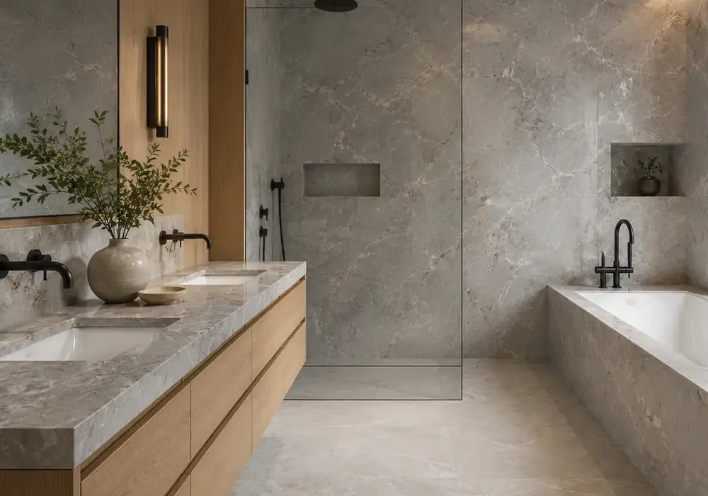 dark-grey stone slabs on honed lobby stairs, a compact vanity, countertop and bathroom wall with calm silver-grey veining.