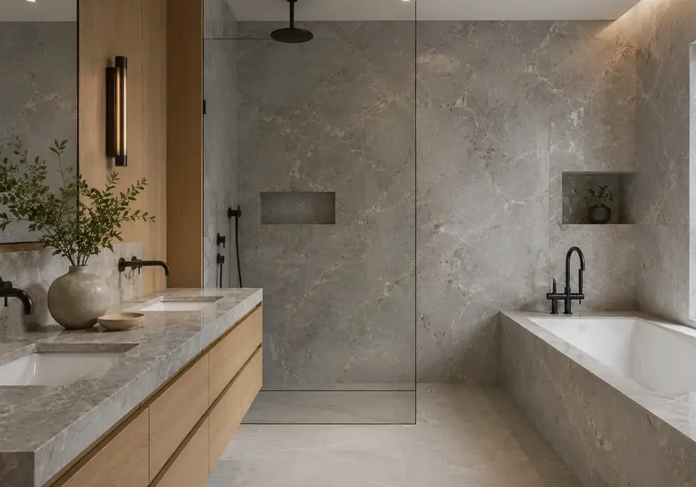 cream-vein variation in a spa bathroom, showing realistic stone texture, realistic finishes and balanced interior lighting.