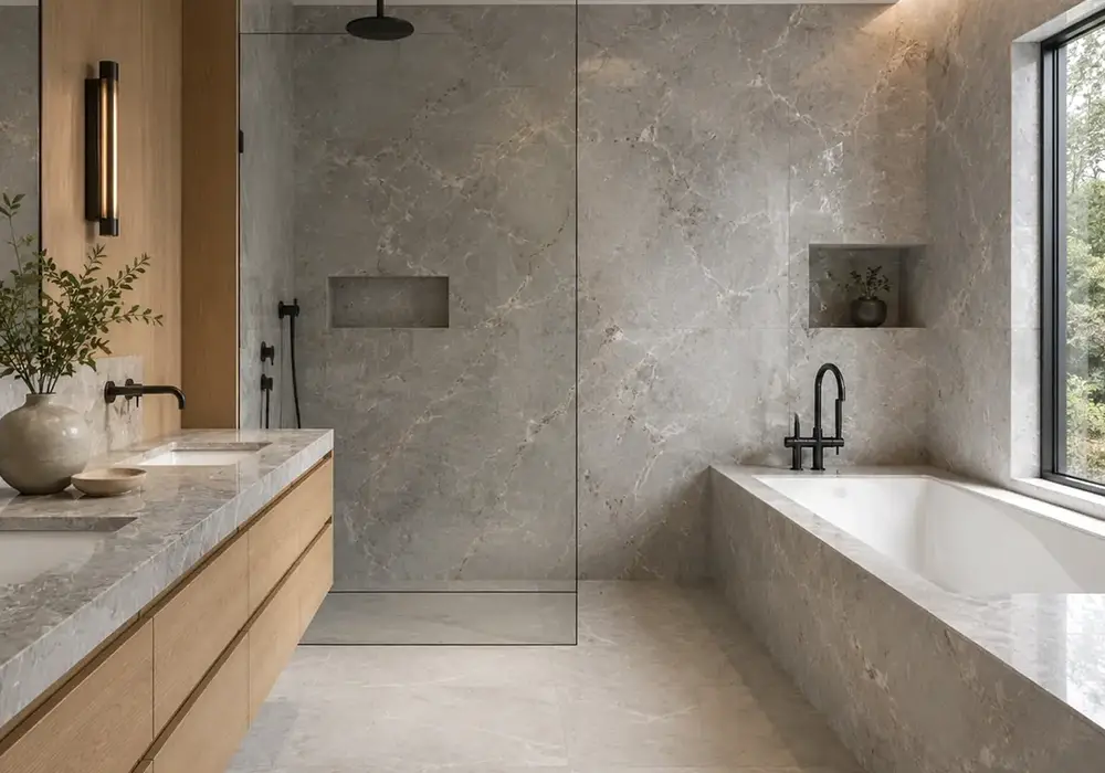 Misty grey layers, delicate white threads and taupe details give this Turkish grey stone a quiet architectural presence.