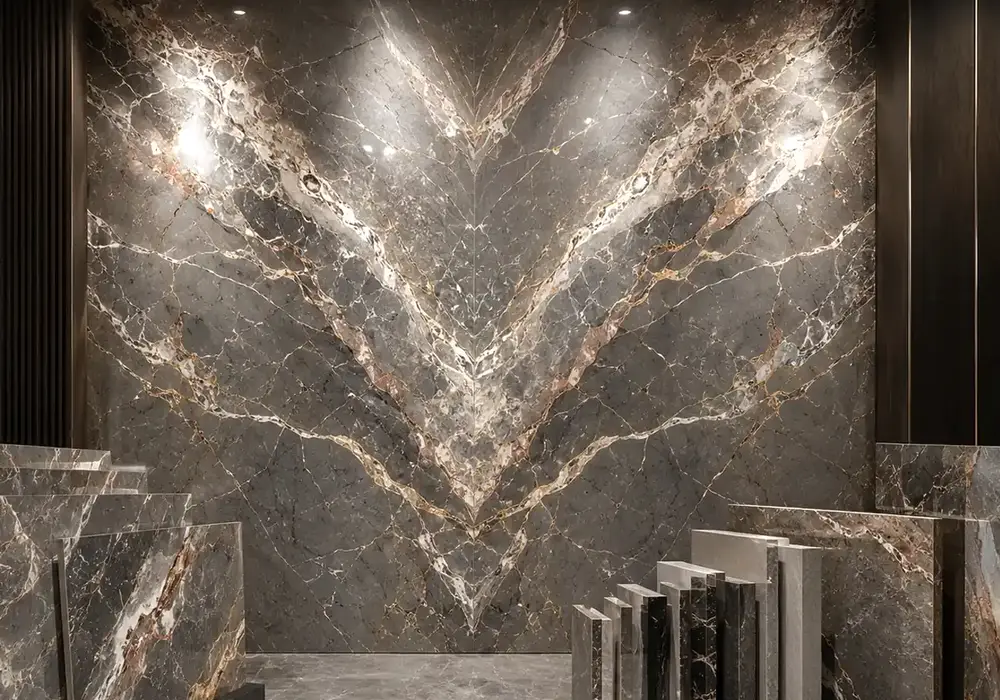 understated feature stone used across a feature wall, flooring and a sculptural countertop, with authentic slab variation.