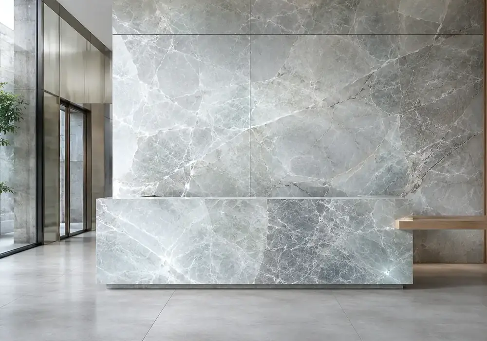 refined contemporary feature stone across wall cladding, flooring and a stone countertop, with authentic slab variation.