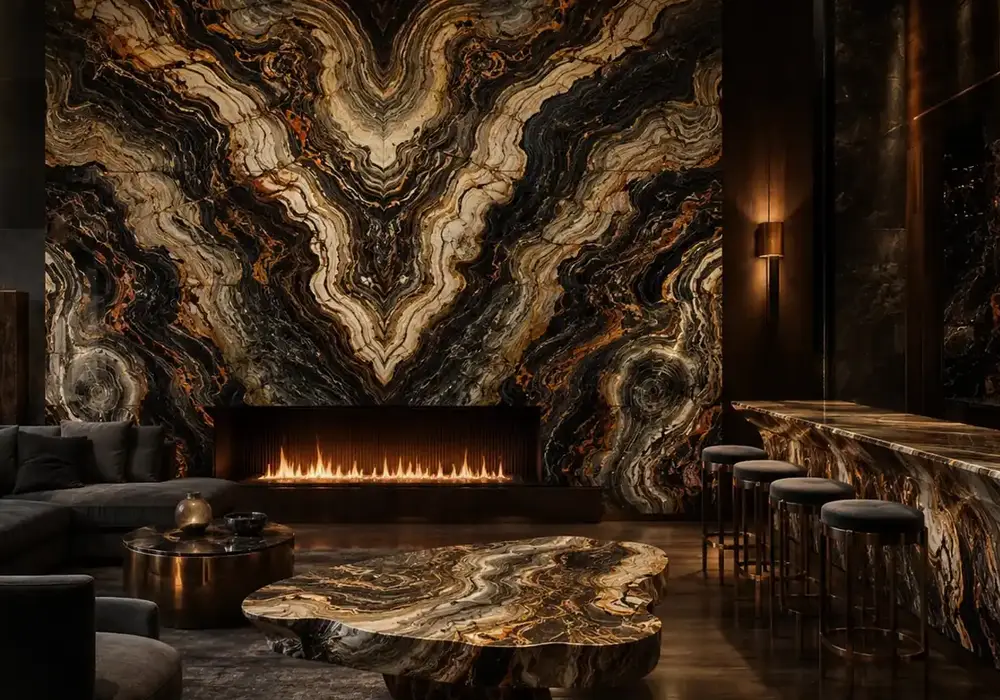 Van Gogh feature wall in polished charcoal stone with broad gold, beige and grey ribbons, paired with a custom table detail.