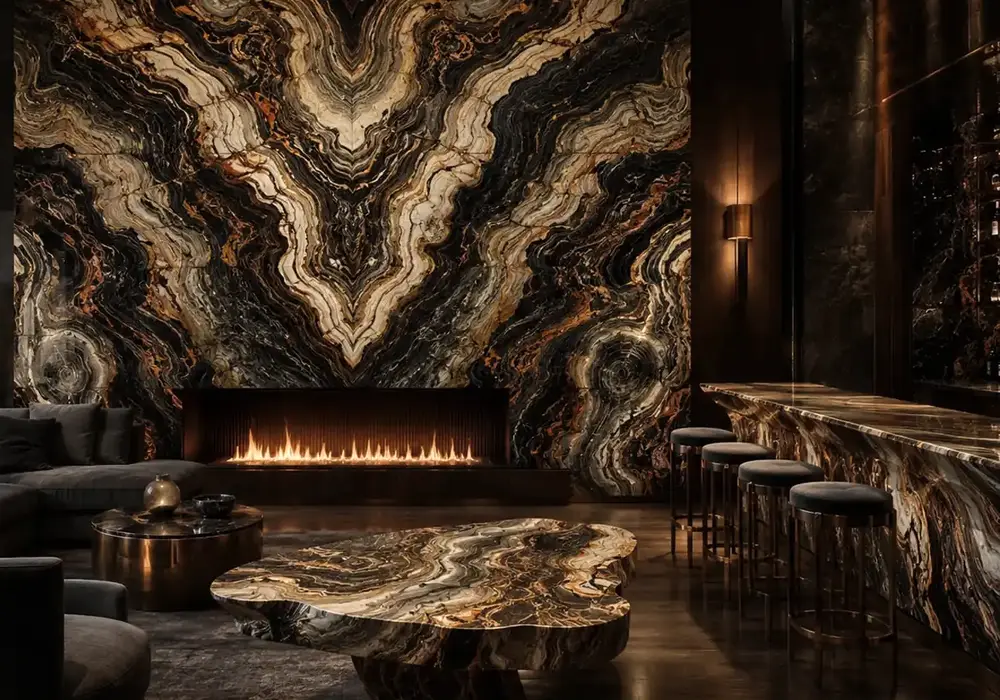Van Gogh marble UAE used in a gallery-like luxury interior, showing realistic stone depth and refined architectural detail.