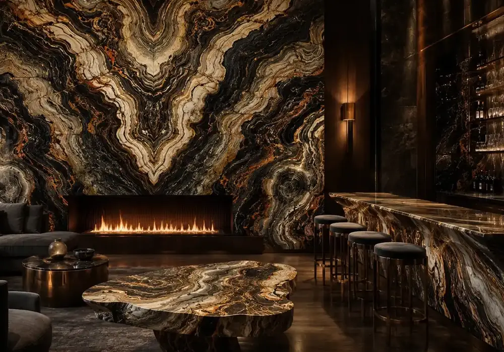 Van Gogh marble reception wall with charcoal, black, warm gold and beige painterly mineral movement.