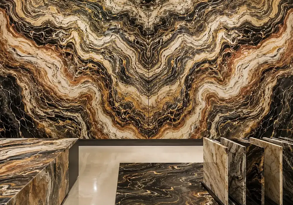 sophisticated statement stone across a statement wall, flooring and a sculptural countertop, with authentic slab variation.