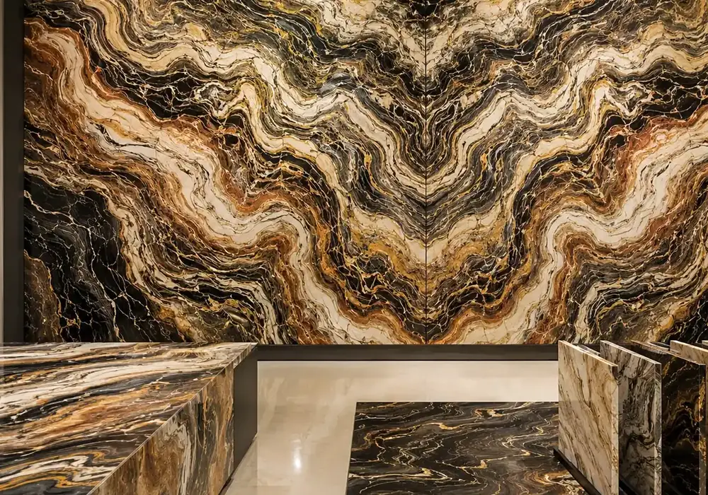 Van Gogh marble price displayed in gold and beige tones with sweeping ribbons and mineral islands, across a luminous surface.