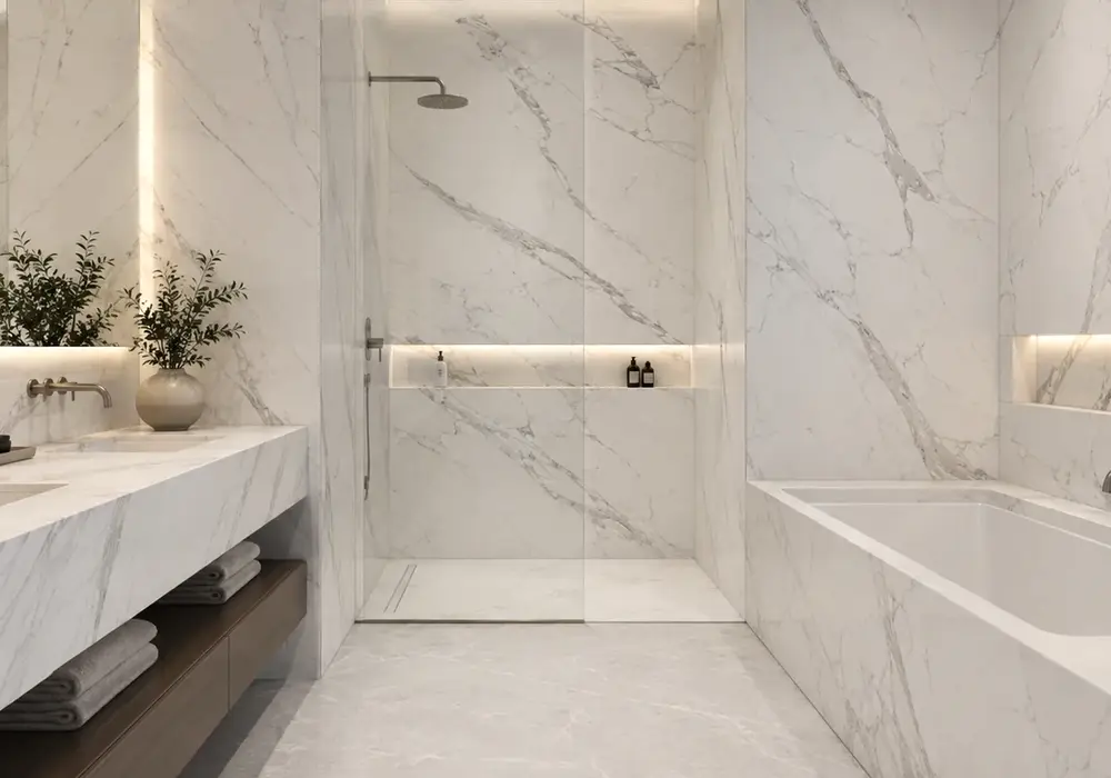 Venatino slabs on polished countertops and bathroom walls with honed flooring, showing frequent wispy blue-grey veining.