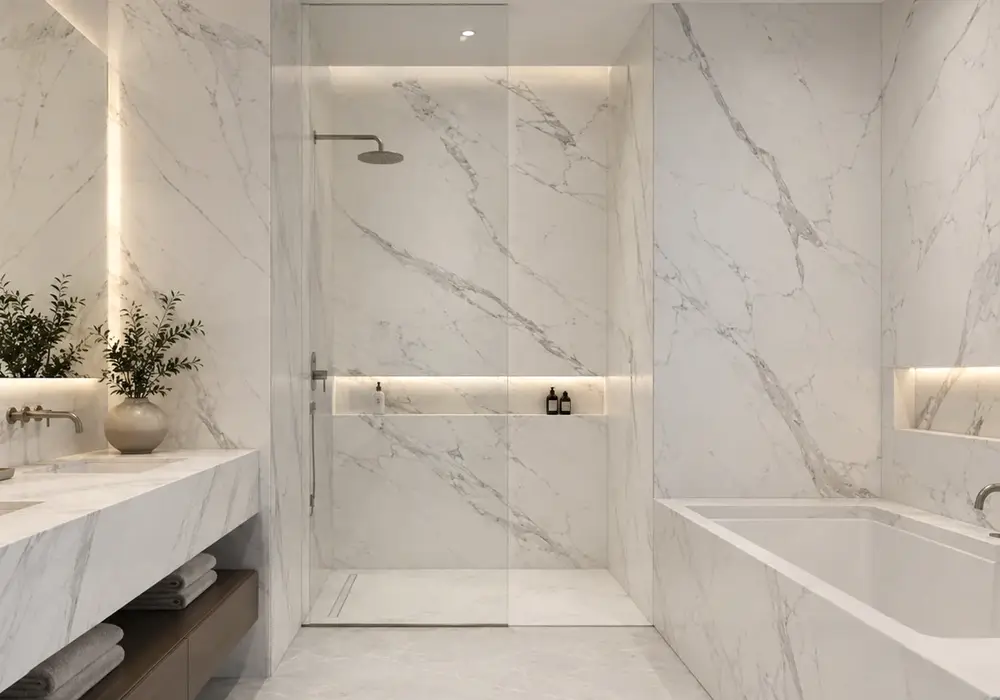 Venatino UAE featured in an elegant bathroom, with natural veining, realistic stone depth and refined architectural detail.