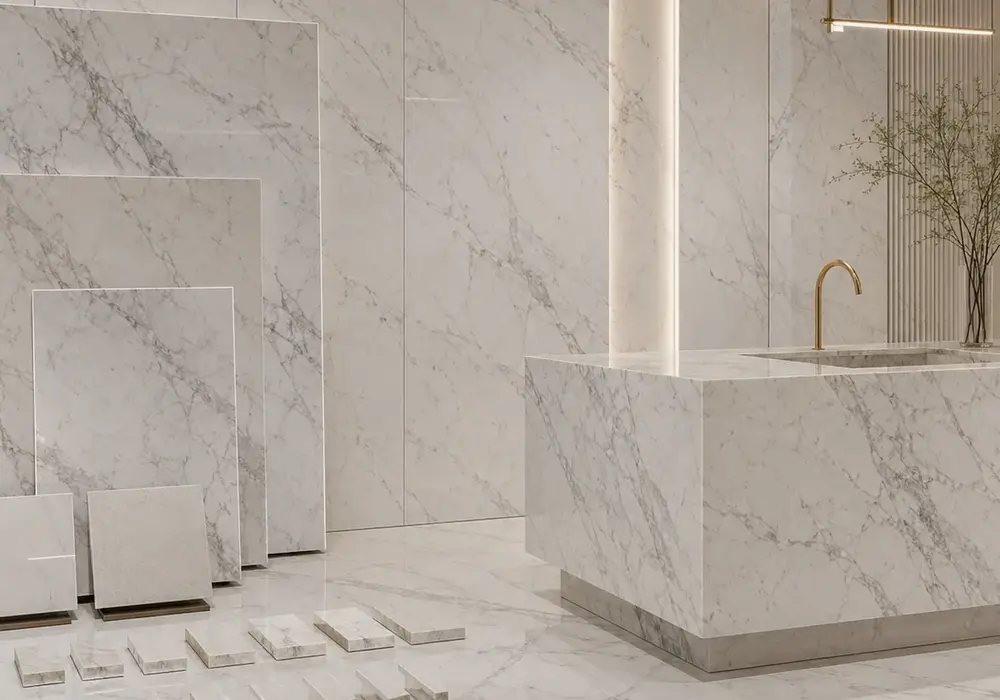 Venatino marble foyer feature wall with classic white stone and graceful soft-grey linear veining