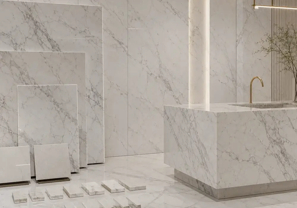 sophisticated neutral feature stone across kitchen flooring, an island countertop and a backsplash, with realistic finishes.