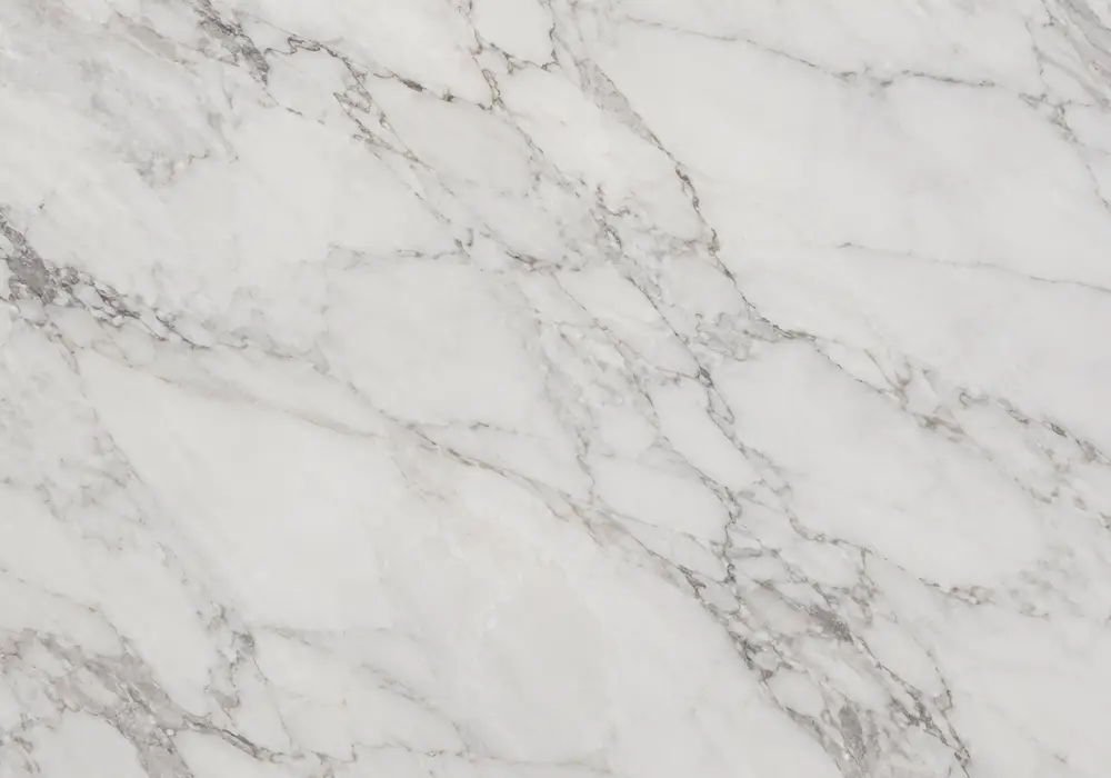 Venus White bathroom with polished vanity and wall panels, honed floor and surface in warm white stone with soft grey veins.
