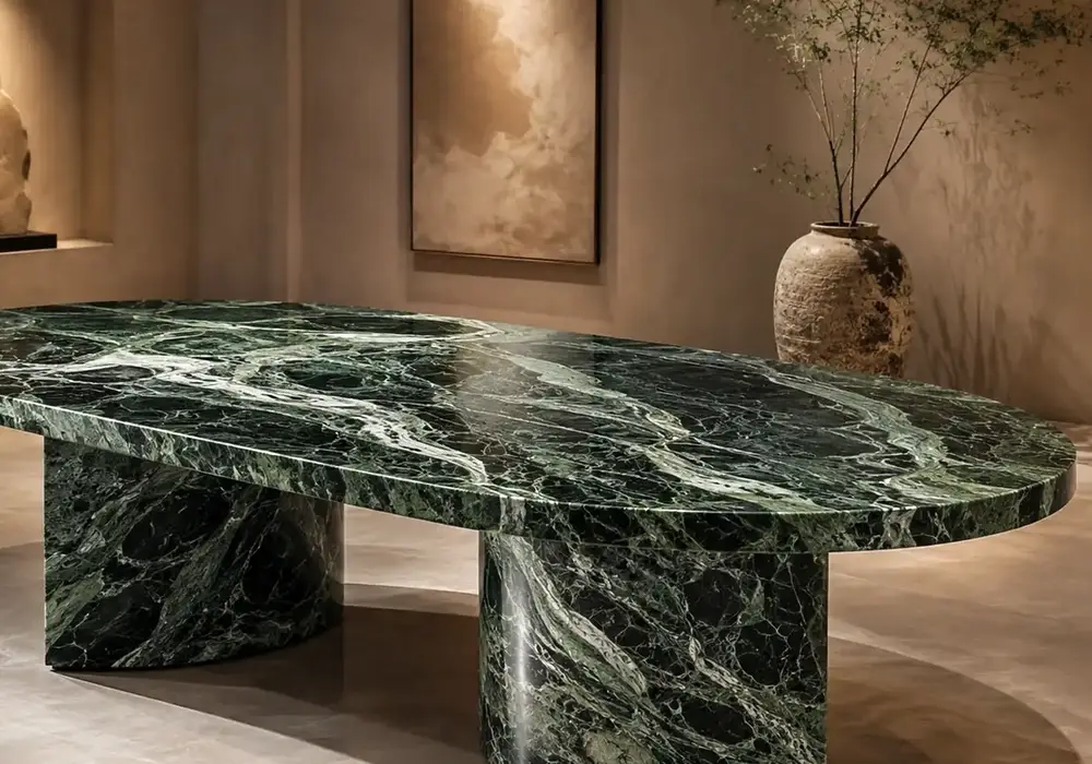 Verde Alpi Green Marble dining tabletop with rich emerald tones and irregular white and pale-green veins.