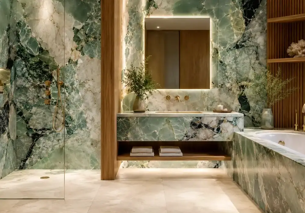 Italian green marble on island, feature wall and bathroom with deep green stone, white fractures and dark mineral zones.