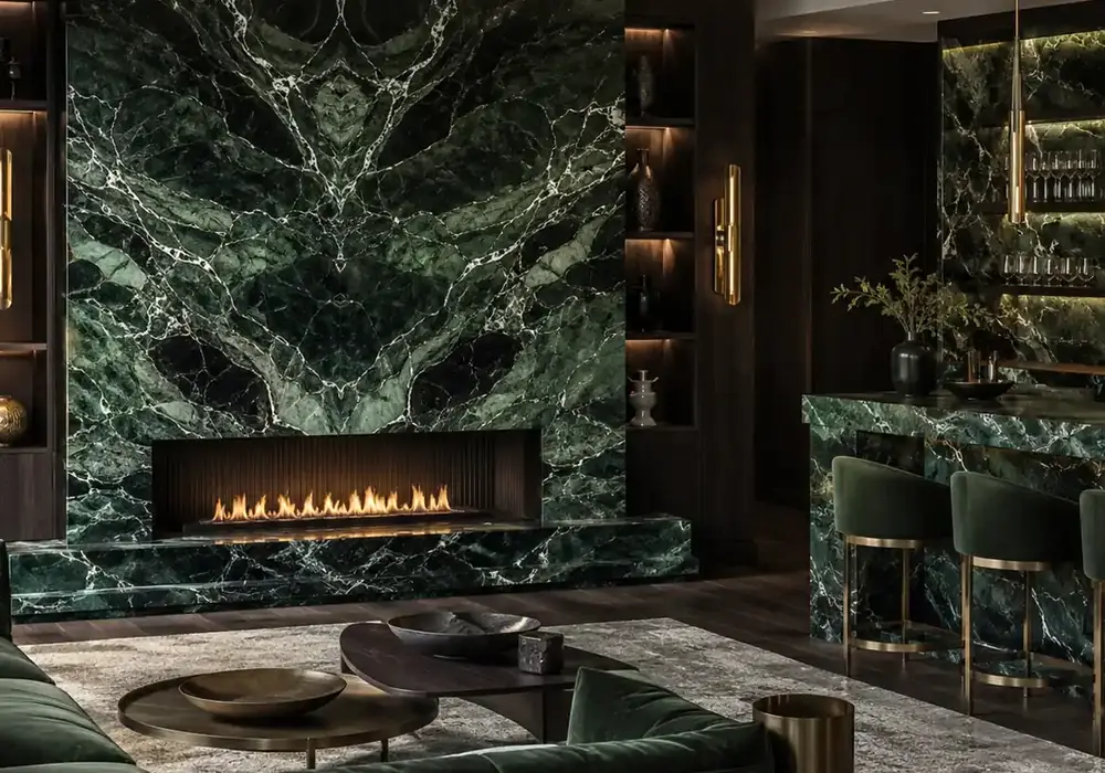 Verde Alpi UAE in a luxury cocktail bar, showing natural veining, polished stone depth and refined architectural detail.