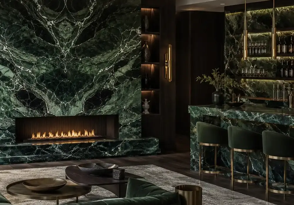 Verde Alpi Scuro in a luxury cocktail bar, showing authentic veining, polished stone depth and soft architectural lighting.