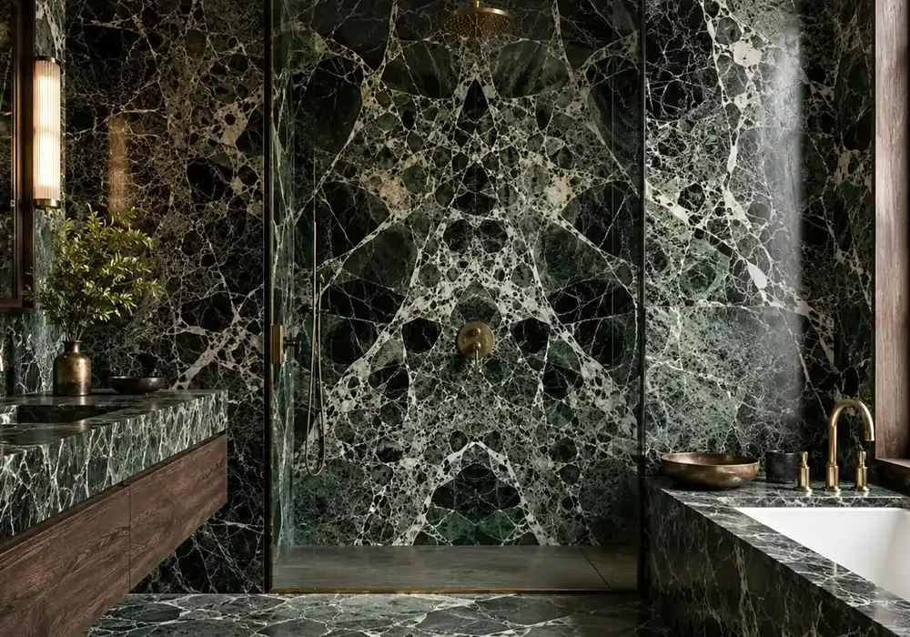sophisticated green feature stone used across wall cladding, flooring and a stone countertop, with authentic slab variation.