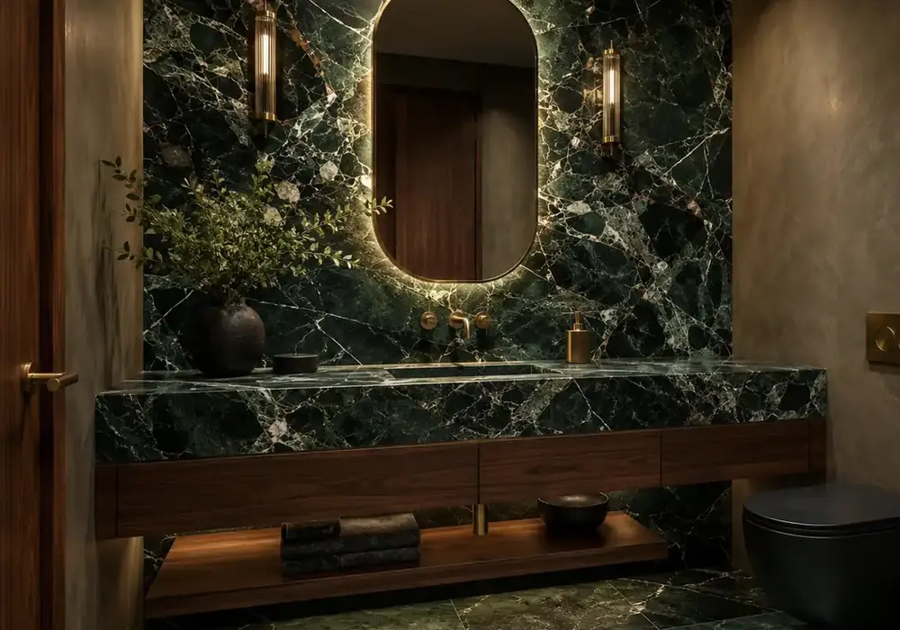 sophisticated feature stone used across a feature wall, flooring and a sculptural countertop, with authentic slab variation.