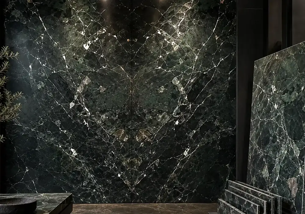 Turkish Verde Levanto in a luxury bar, showing realistic stone texture, polished depth and refined architectural character.