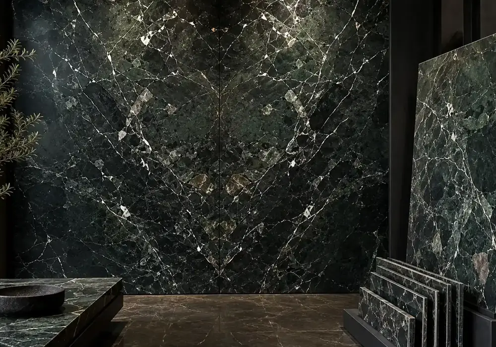 Verde Levanto serpentinite in polished, honed and leathered slabs with deep green fields and sharp white calcite fractures.