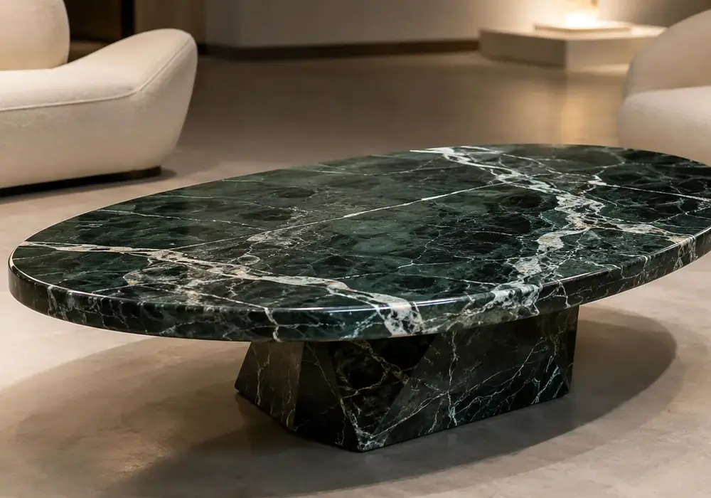 Verde Levanto marble statement dining table with deep green stone and striking white, cream and gold veining.