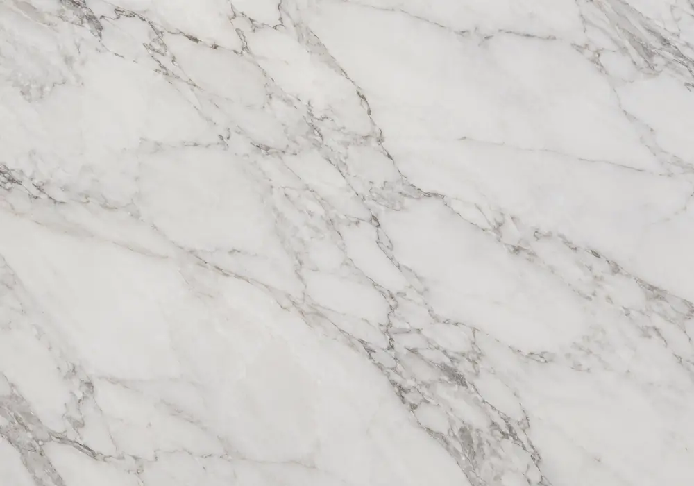 Layered Verde Luana marble slab with sage, forest green and cream waves, charcoal folds and subtle restrained red lines.