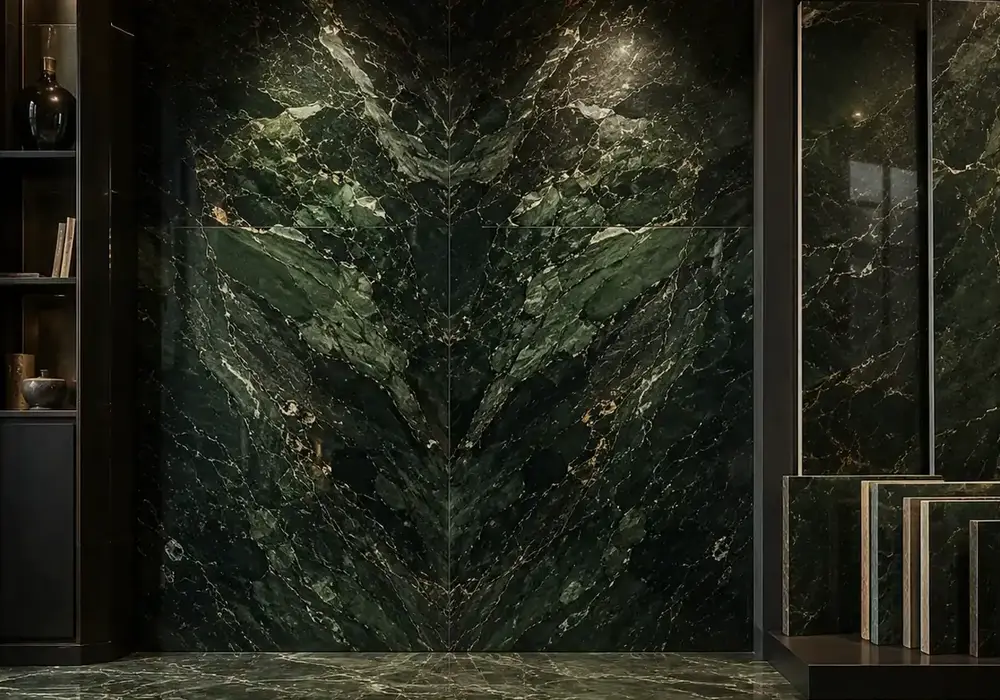refined green feature stone across a statement wall, flooring and a sculptural countertop, with authentic slab variation.
