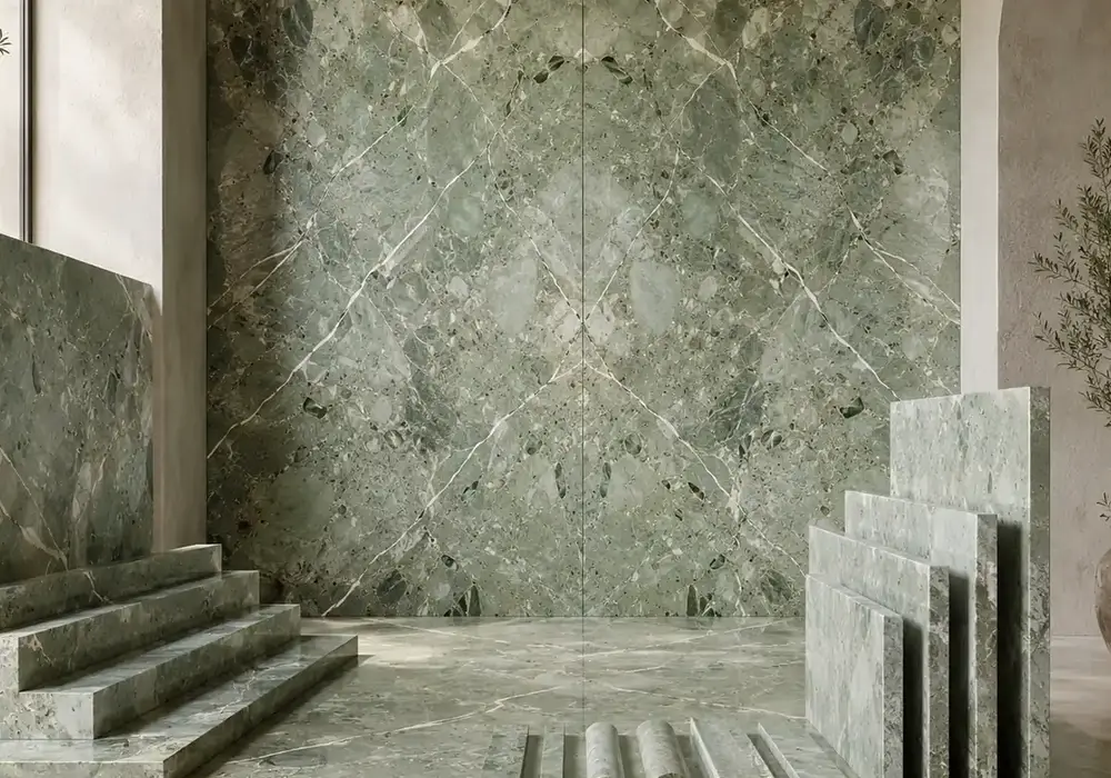sophisticated green feature stone used across wall cladding, flooring and a stone countertop, with authentic slab variation.