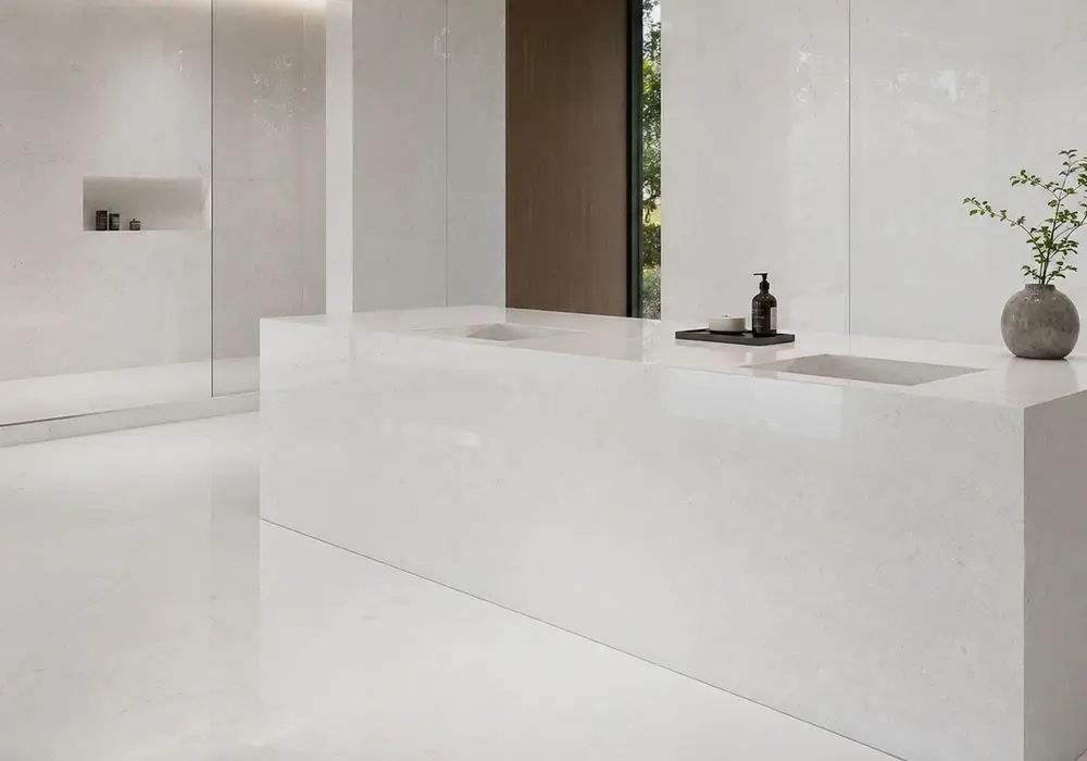 sophisticated bright decorative material used across terrace flooring and a stone countertop, with authentic slab variation.