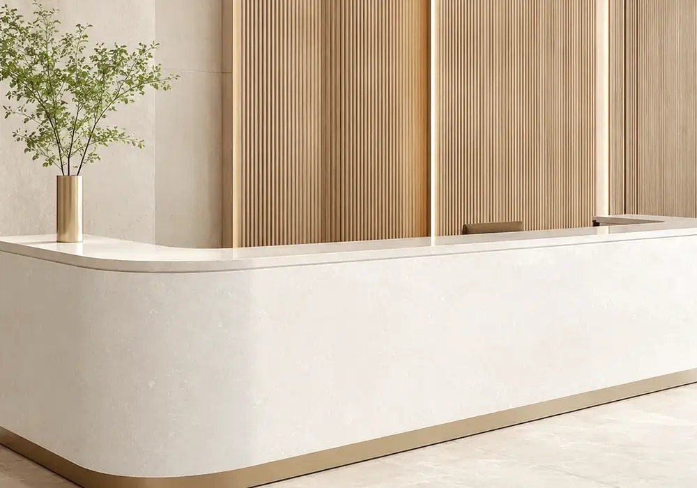 Vietnam Milky White in a luxury villa foyer, showing natural slab variation, polished stone depth and architectural detail.