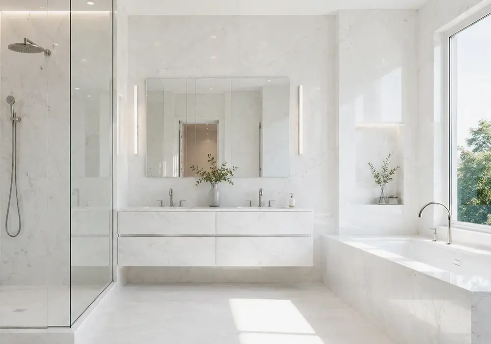 Pure Vietnam White Marble reveals subtle silver threads and crystalline depth, reflecting authentic Vietnam quarry origin.