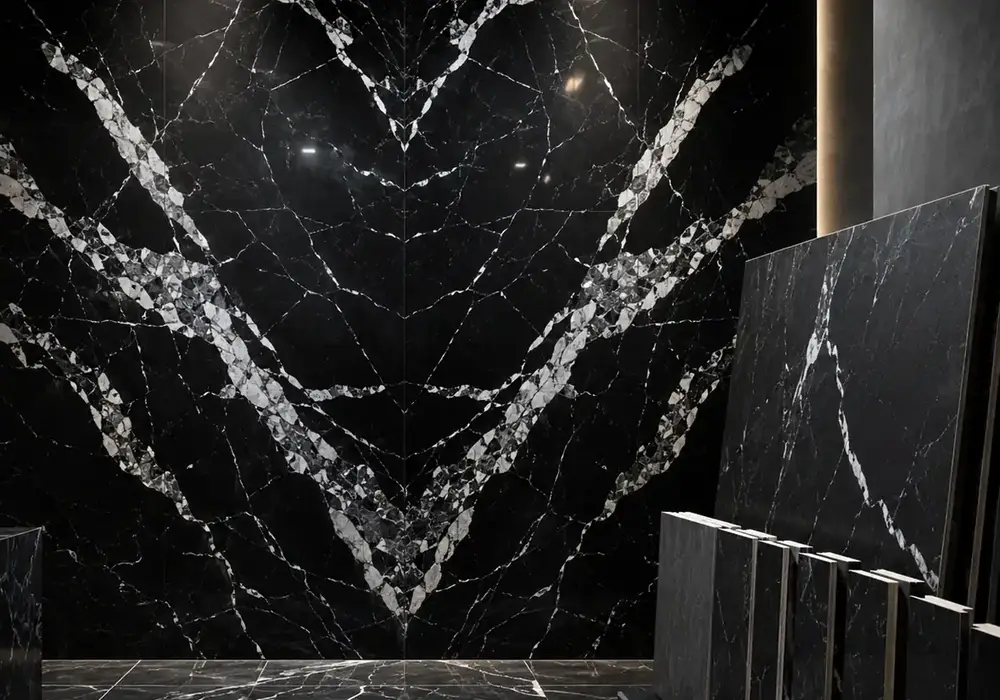 elegant dark feature stone across a statement wall, flooring and a sculptural countertop, with authentic slab variation.