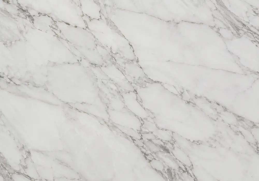 Volakas calacatta marble polished island, backsplash and vanity with floor sample, mitred edge and warm gold amber veining