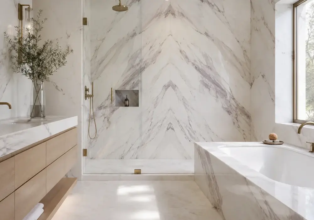 sophisticated white feature stone across a feature wall, flooring and a sculptural countertop, with authentic slab variation.