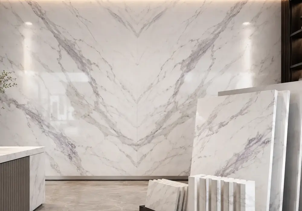 Pearly Volakas Marble carries flowing diagonal grey, hazelnut and pale-gold bands, reflecting authentic Drama Greece origin.