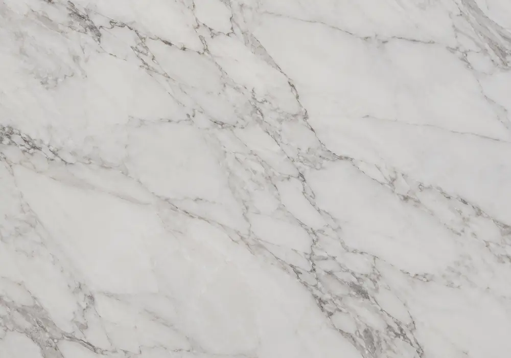white grey marble bathroom with polished vanity and kitchen surface, honed floor and distinct Carrara and Statuario patterns.